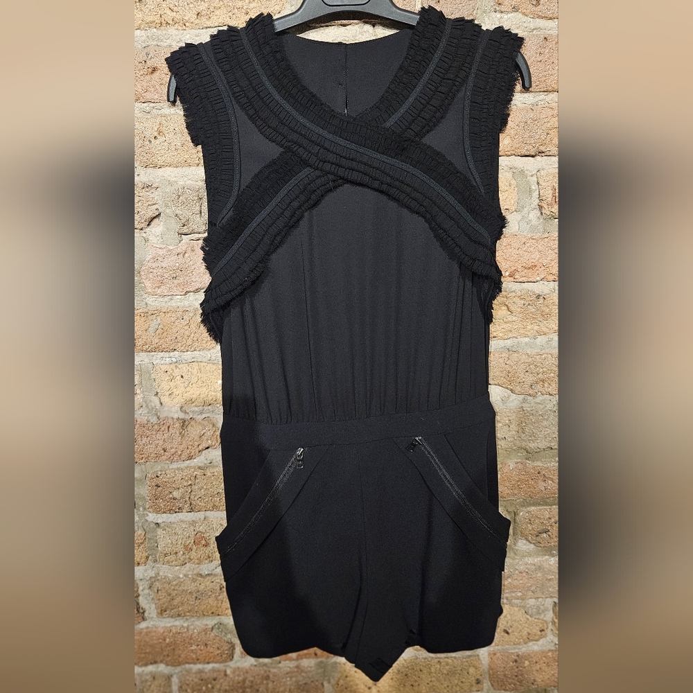 BCBGMaxAzria black Lexxi sleeveless ruffle-trim romper - Picture 2 of 6
